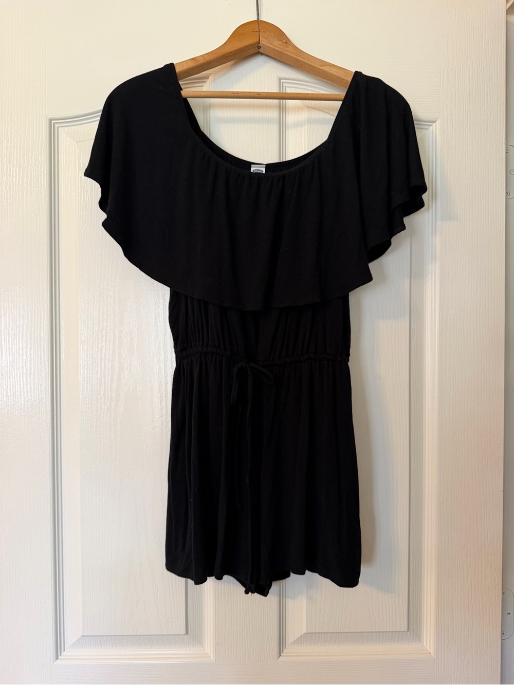 Black Off-Shoulder Ruffle Romper Stretchy